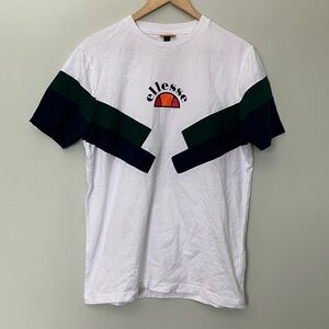 Ellesse White Tee with Green and Navy Stripes